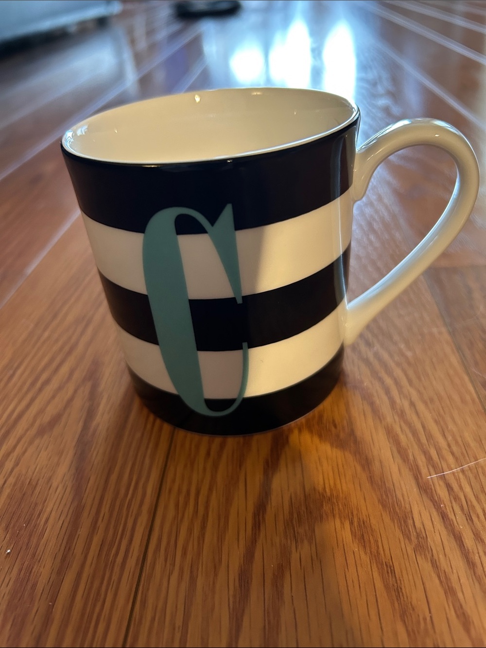 Monogram C Striped Ceramic Mug - Black & White with Teal Initial